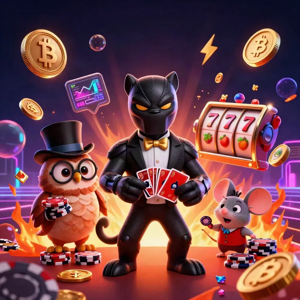 Panther, owl and mouse in a fiery casino burst with coins, chips, reels and neon lightning