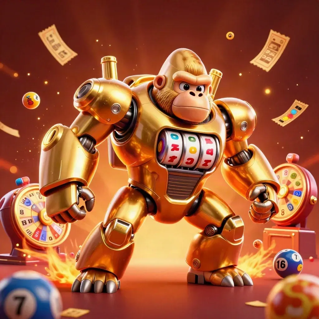 Golden gorilla mech with tiny monkey pilot amid fiery casino loot and glowing ember effects.