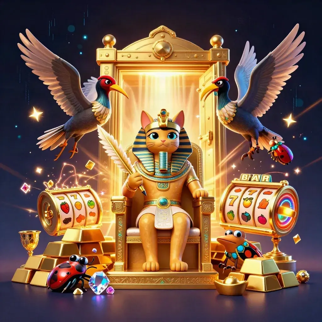 Pharaoh cat, ibis scribe, and gem-wing scarabs amid a bursting gold vault in neon casino glow.