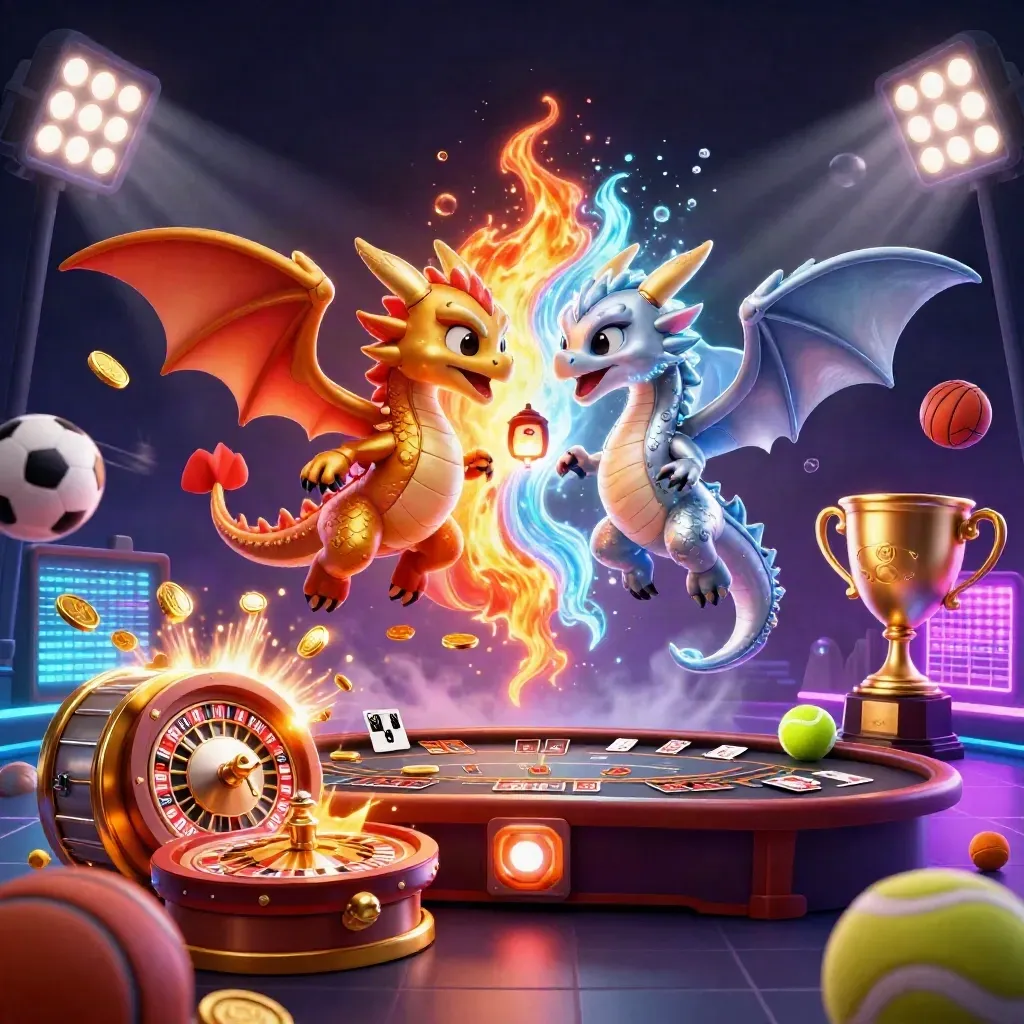 Gold and silver dragons swirl in fire and ice above casino coins, roulette wheel, cards, trophy.