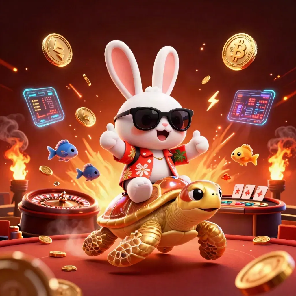 Lucky rabbit on a gem turtle amid casino coins, roulette, cards, neon crypto sparks, and fire.