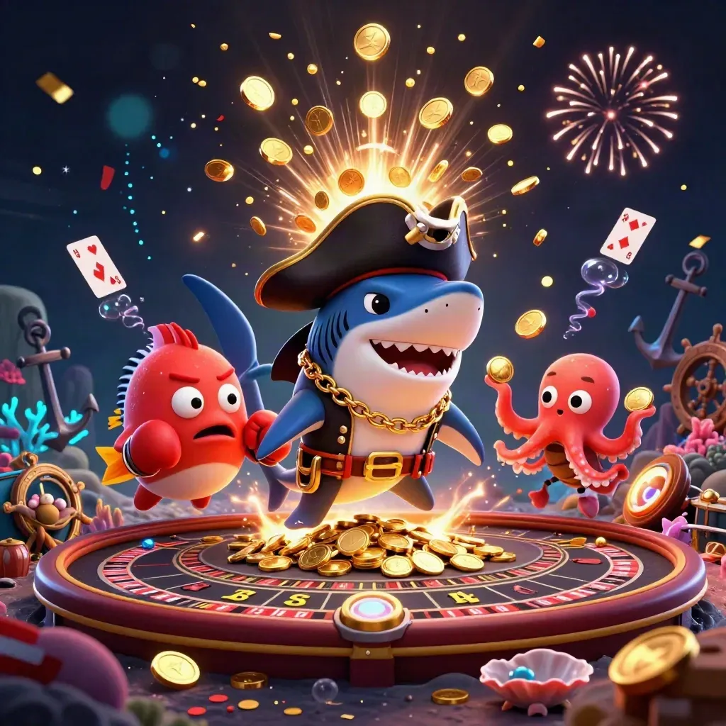Pirate shark, boxing pufferfish, and octopus amid coins, fireworks, and casino treasure in a dark cove.