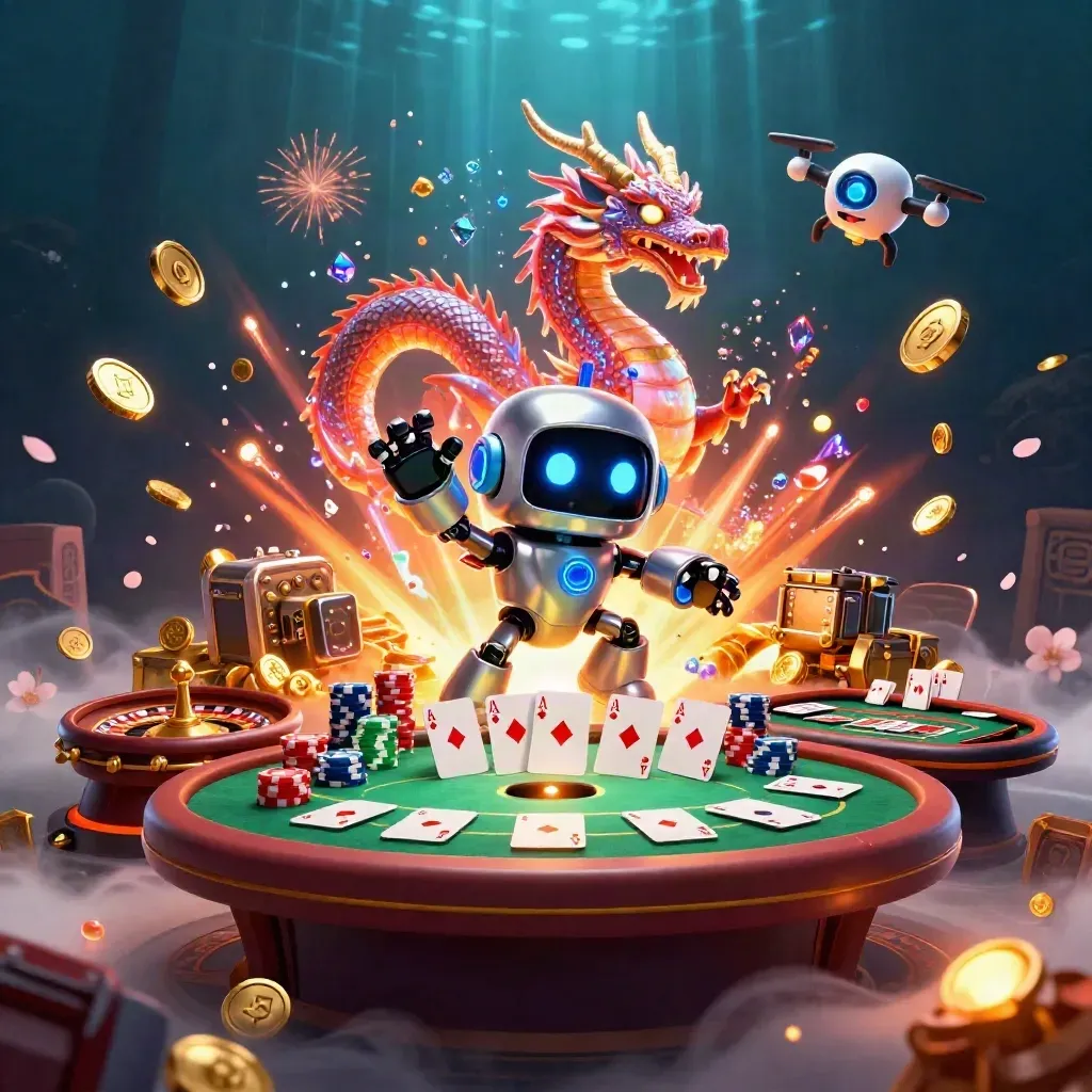 Cyberpunk robot, holographic dragon and coin drone amid casino coins, chips and fireworks.