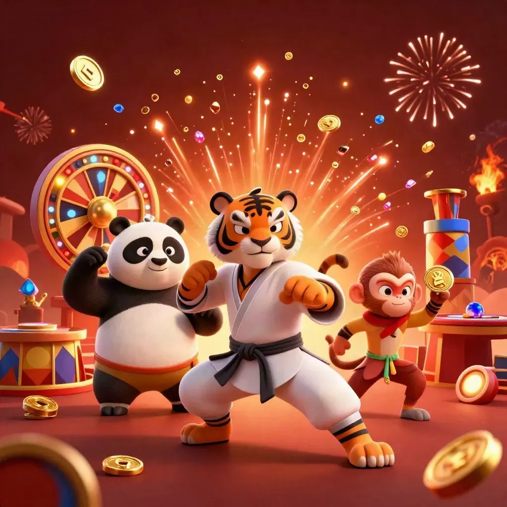 Tiger, panda, and monkey celebrate amid coins, roulette, chips, gems, and fireworks.