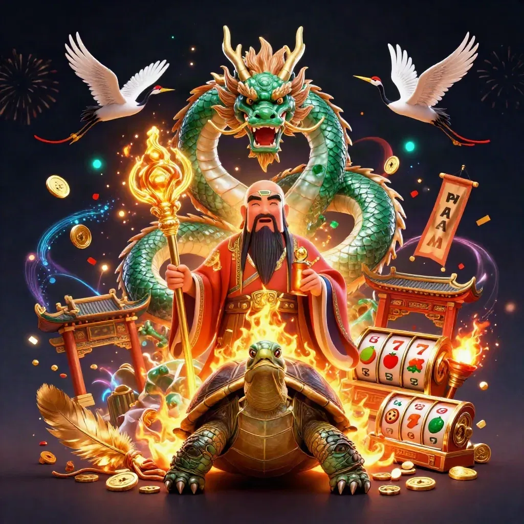 Jade dragon, turtle sage, and cranes amid casino symbols, fire, and gold on a dark neon backdrop