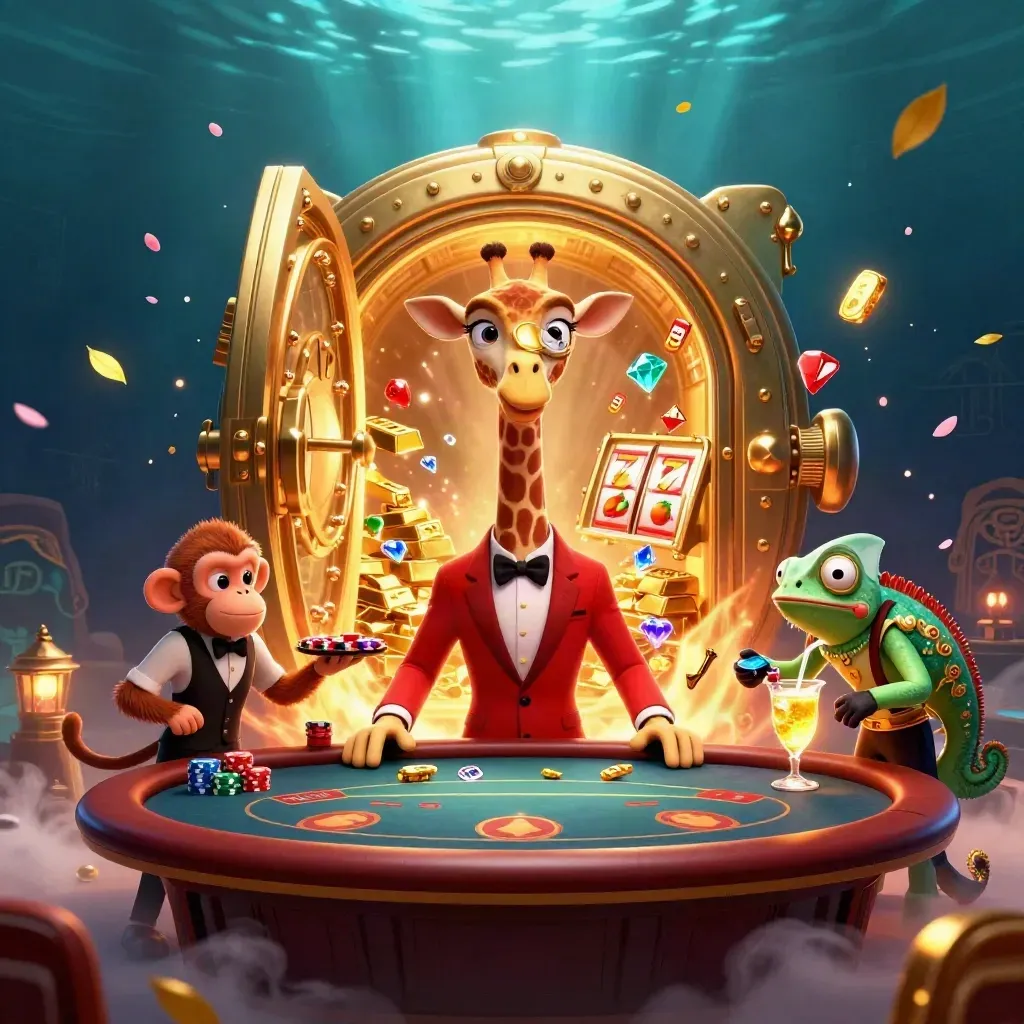 Giraffe, monkey valet, and chameleon bartender amid vault gold, reels, petals, and neon casino glow.