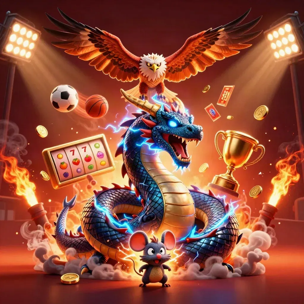 Thunder dragon, hawk, and mouse amid sports balls, coins, reels, and casino fire effects