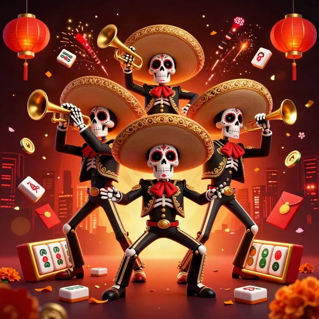 Skeleton mariachi trio with casino symbols, lanterns, coins, and fireworks on a dark fiery backdrop