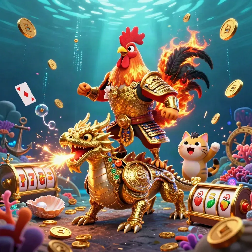 Golden rooster warrior, dragon hatchling and cheering fortune cat in an underwater casino treasure cove.