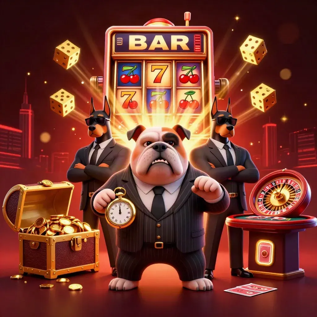 Bulldog boss and two dobermans amid a bursting slot machine, gold, dice, and casino glow