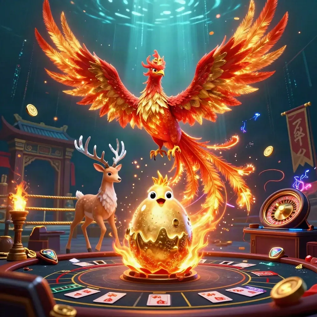 Fire phoenix, baby phoenix, crystal stag, roulette wheel and casino glow in a dramatic underwater scene.