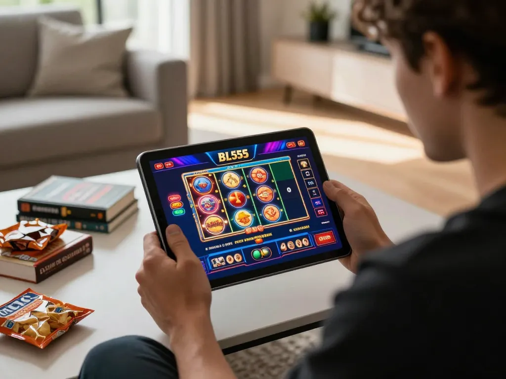 An engaged user plays exciting games on the bl555 casino app from a cozy living room setup, showcasing online gambling at home.