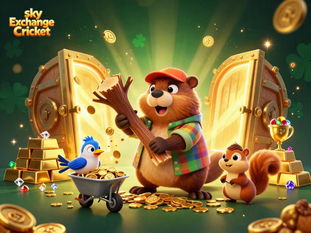 Engage in sky exchange Cricket with dynamic 3D illustration of characters and gold backdrop.