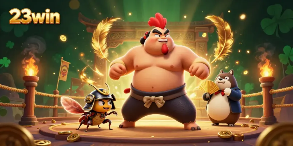Betting show scene with a powerful sumo rooster, fierce cricket, and tanuki announcer at 23win