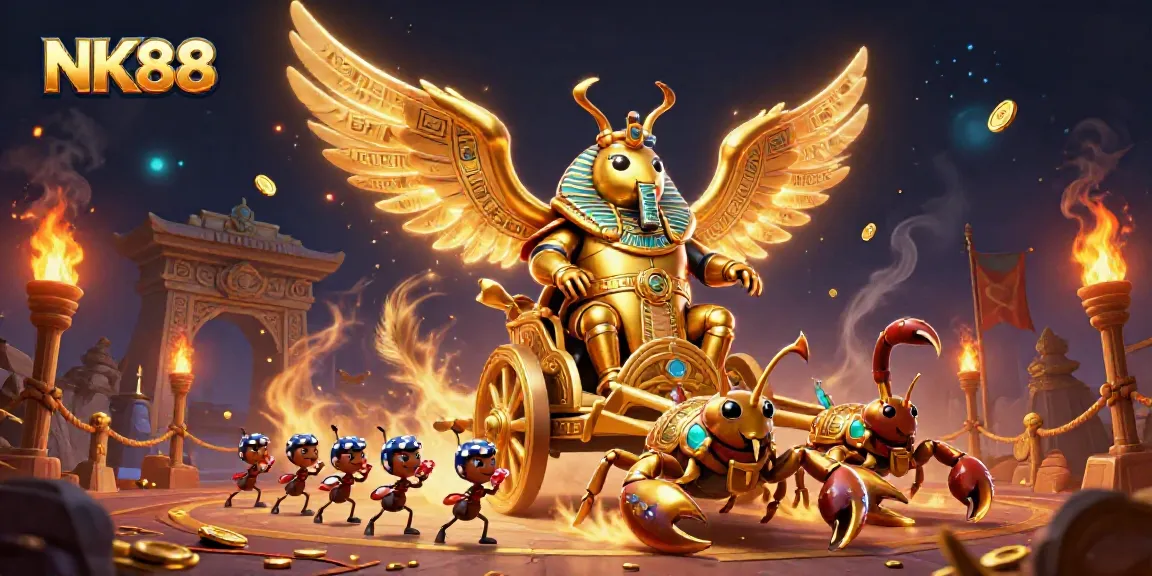 Experience thrilling games at NK88 with a spectacular chariot scene featuring a golden scarab beetle and exotic elements.