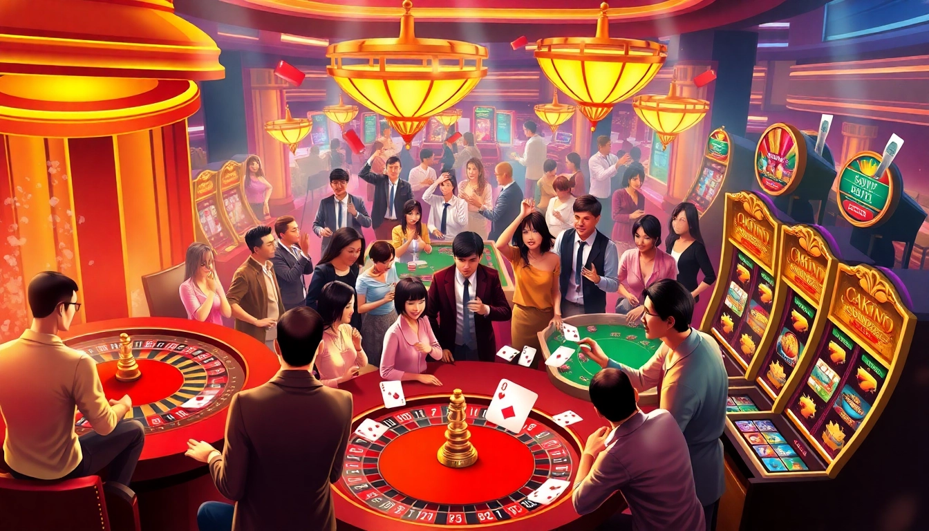 Exciting gaming atmosphere at okwin game featuring thrilled players and vibrant casino elements.