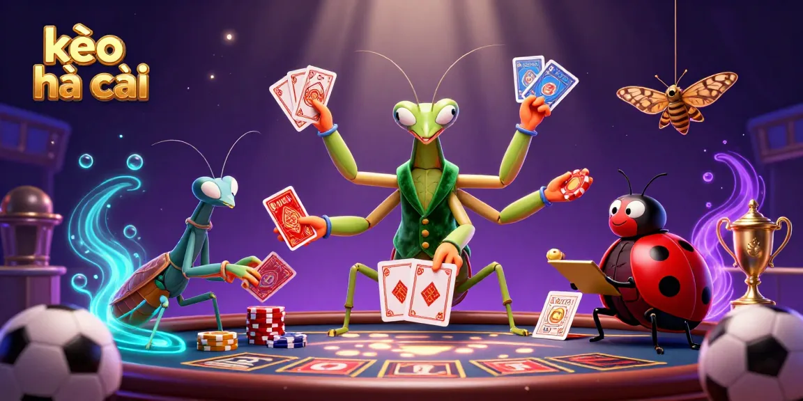Bettors engage with kèo nhà cái as a praying mantis deals cards amidst a vibrant sports betting scene.