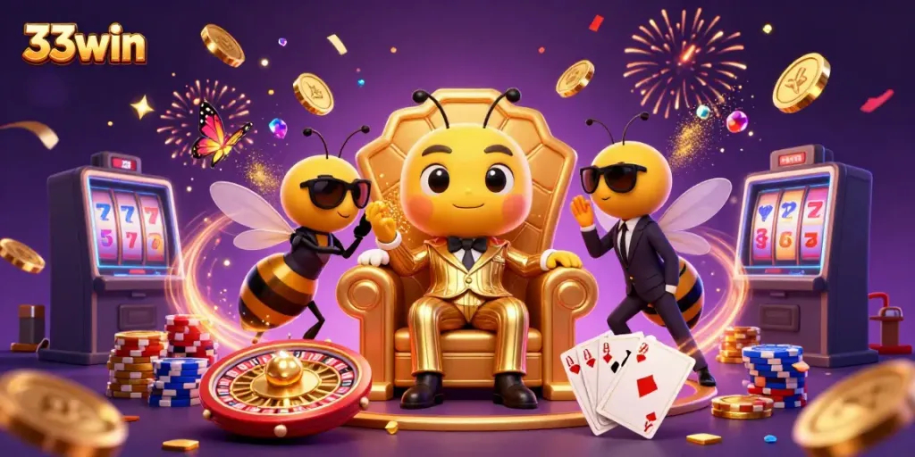 Engage with 33win's vibrant casino scene featuring a bumblebee mob boss and captivating game elements.