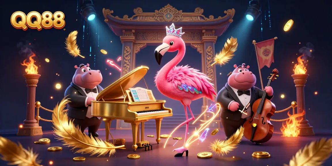 Engage with QQ88's vibrant casino experience featuring a flamingo singer and hippo bassist.