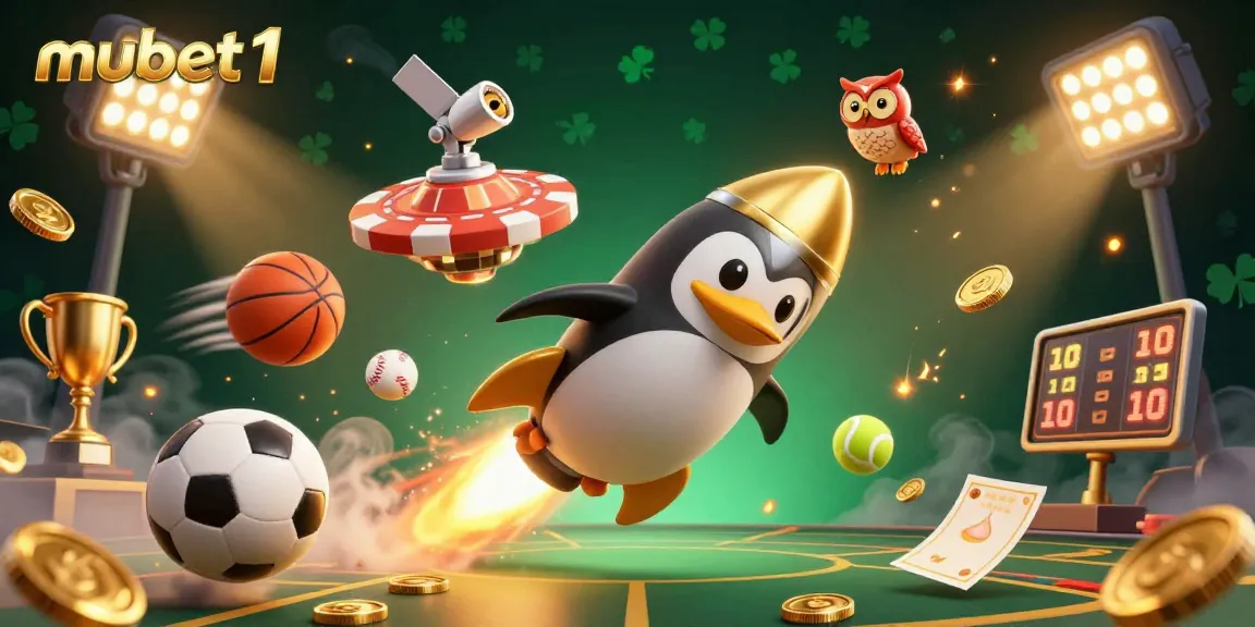 Mubet1 players winning big with a golden penguin and dynamic sports elements in a vibrant casino space.