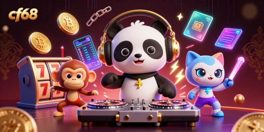 Play games and win prizes at cf68 with vibrant 3D illustration featuring unique casino characters.
