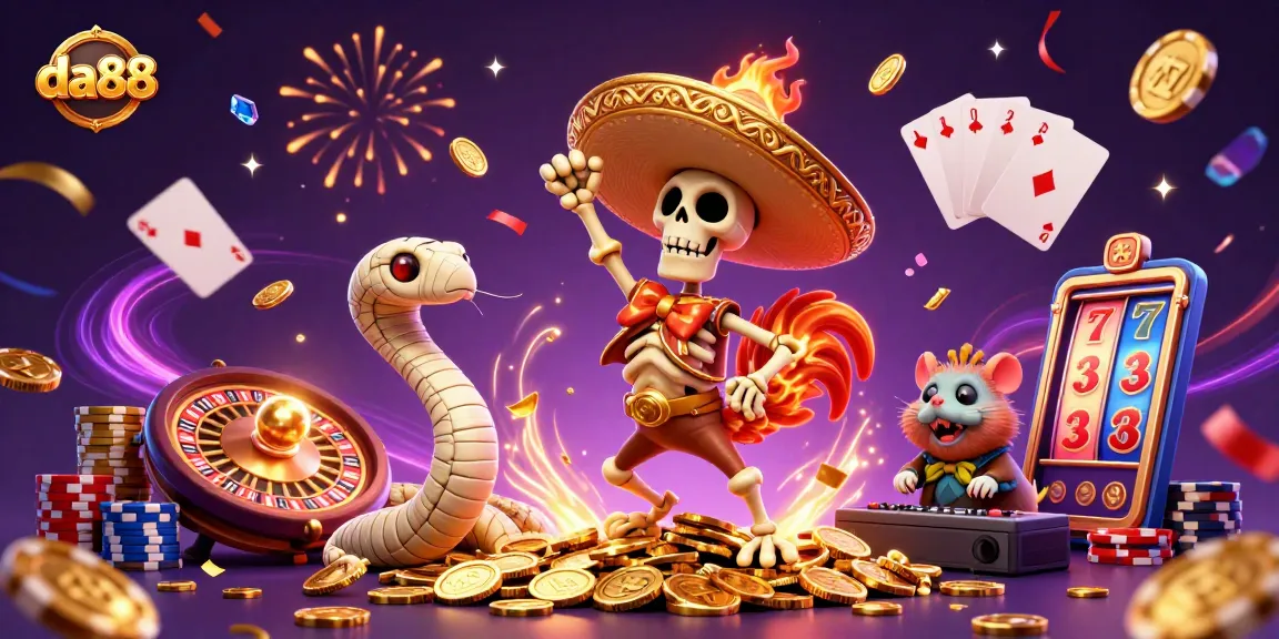 Experience thrilling wins with da88 in this vibrant casino scene featuring unique characters and games.