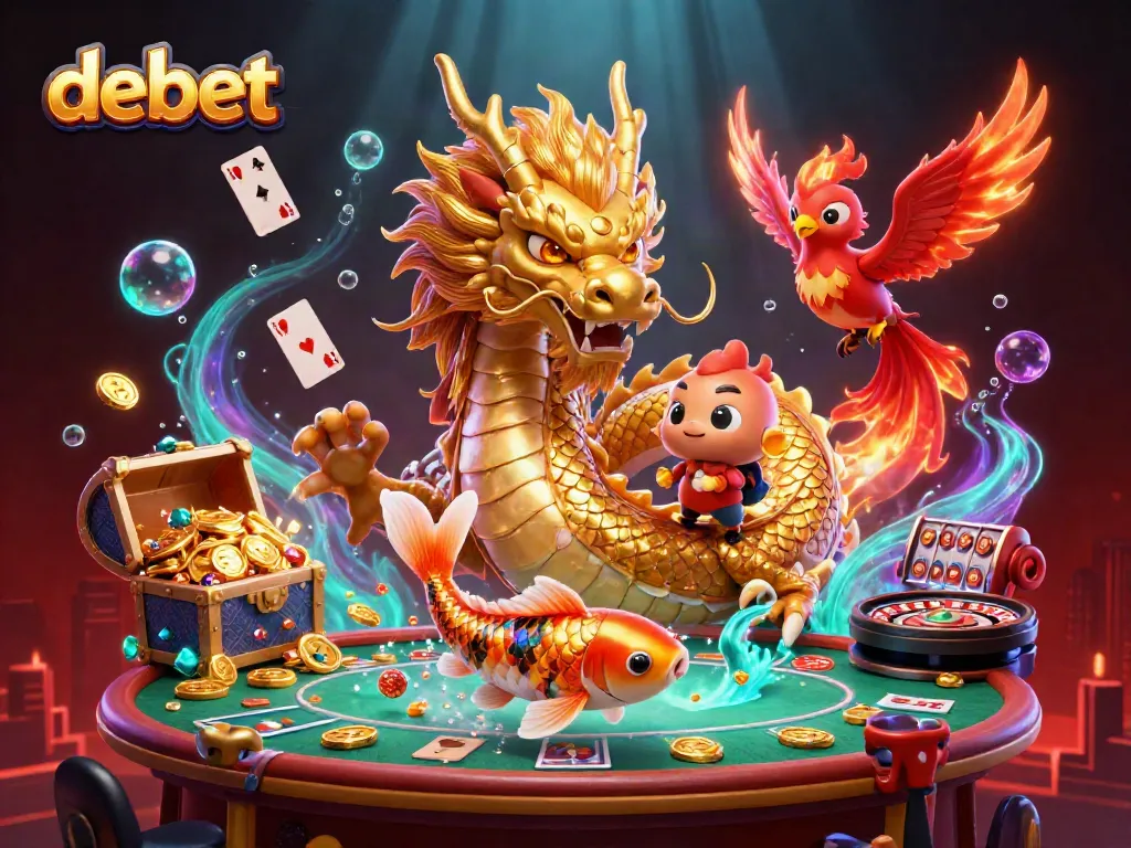 Experience the thrill of debet with a vibrant illustration showcasing a dragon, phoenix, and koi fish amidst casino elements.