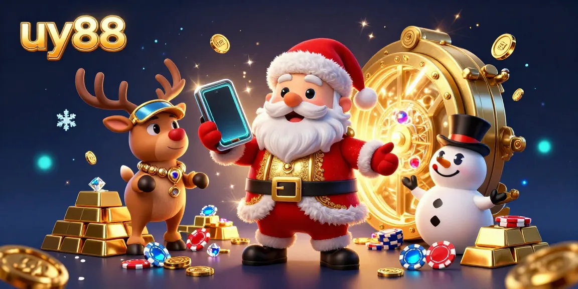 Engage in exciting jackpots at uy88 with Santa and friends celebrating casino wins amidst shimmering gold and jewels.