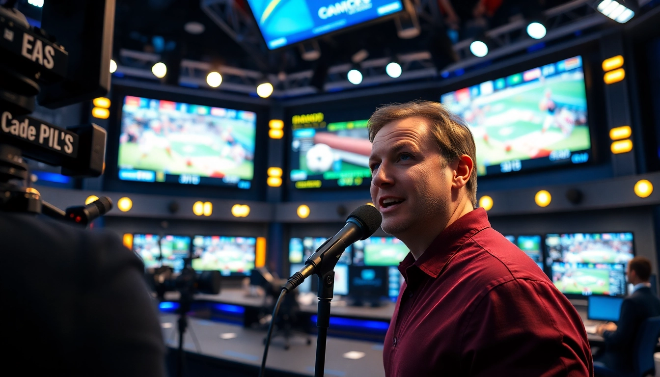 Dynamic scene of Sports Broadcasting with a commentator and high-tech studio setup.