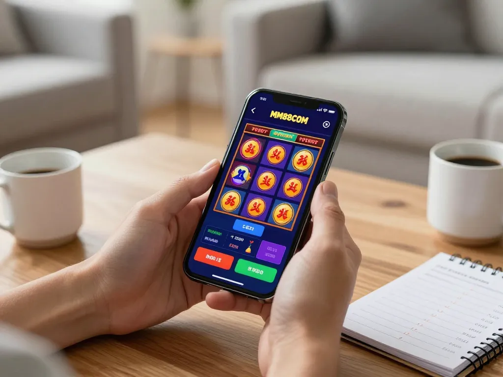 Players using the mm88com app for online casino gaming on a smartphone in a cozy setting.