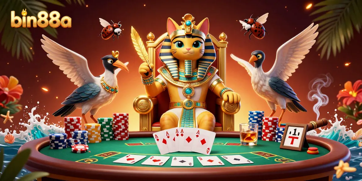 Experience intense gaming action with bin88a, featuring vibrant 3D casino elements and a pharaoh cat.