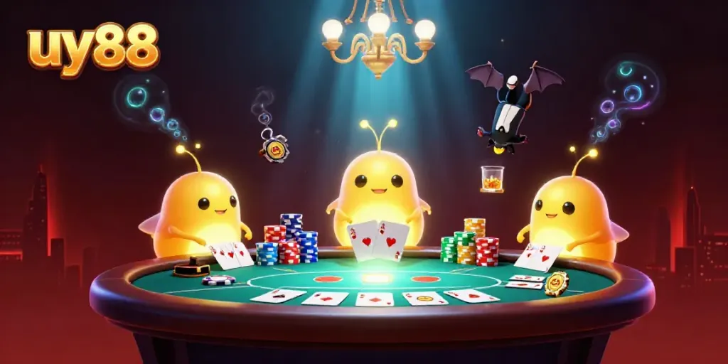 Experience the excitement of uy88 with glowing characters lighting up a colorful casino scene.