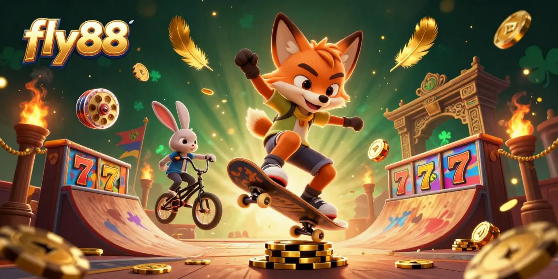 Experience thrilling gameplay at fly88 with a skateboarder fox and BMX rabbit in action-packed casino scene.