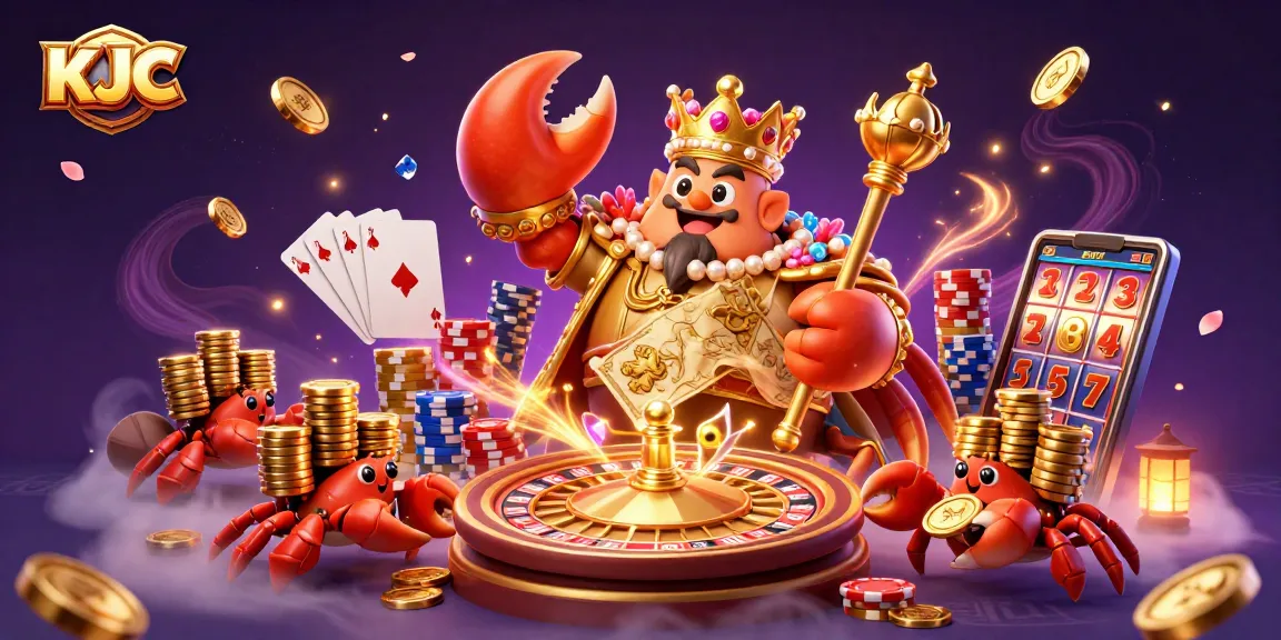 KJC offers an immersive casino experience with royal crab emperor, golden coins, and vibrant game elements.