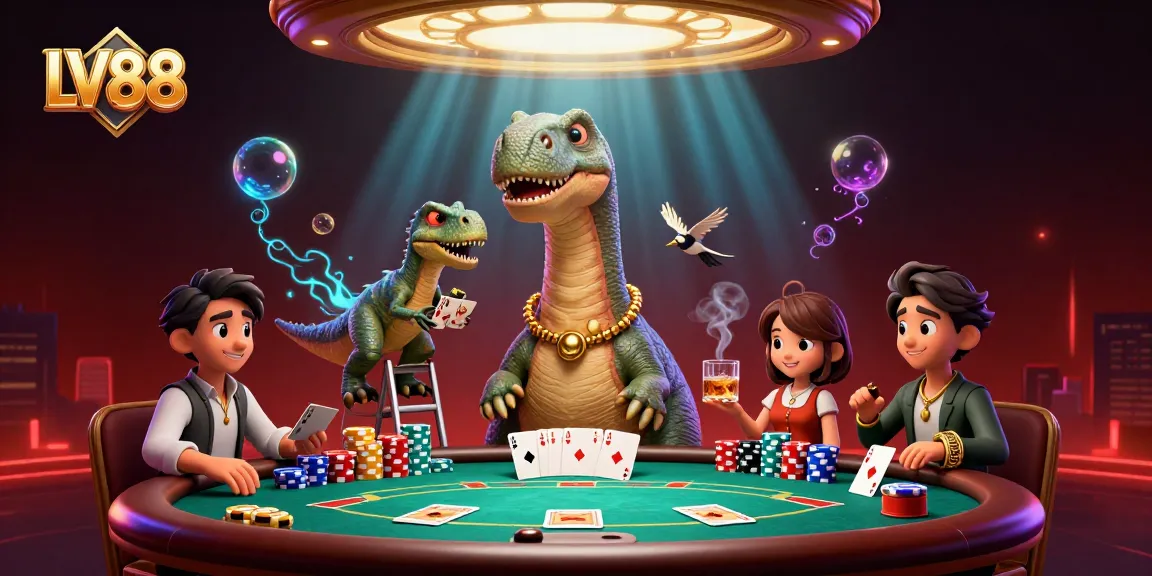 Experience LV88's vibrant casino scene with a towering brontosaurus overseeing an animated poker game.