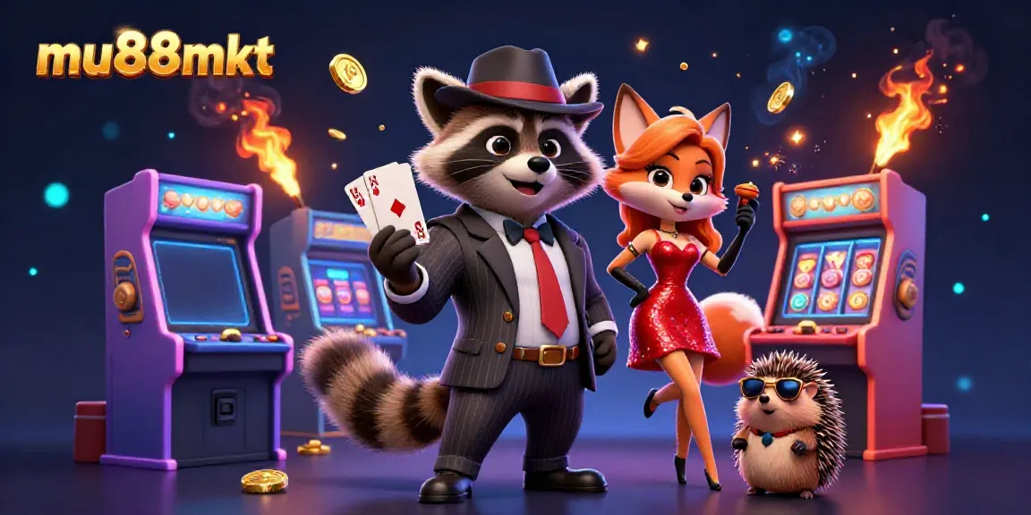 Experience thrilling gameplay with mu88mkt, featuring a raccoon in a suit and colorful arcade elements.