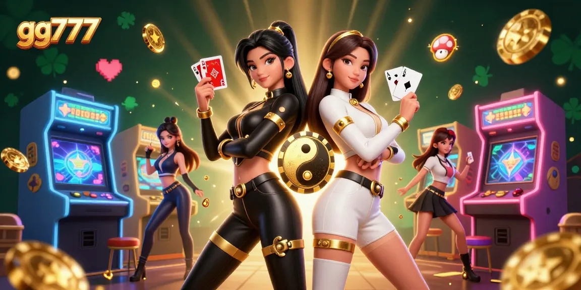 Play strategically at gg777 with twin Asian women showcasing their cards in a lavish casino setting.