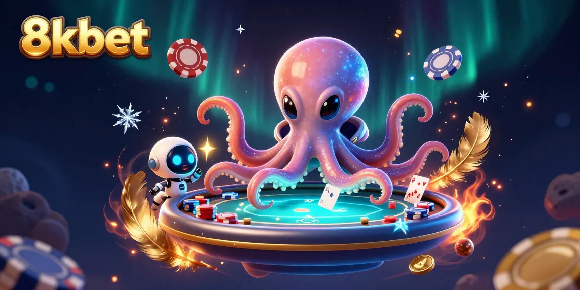 Engage in thrilling poker action with 8kbet featuring a cartoon octopus and robot amidst vibrant casino elements.