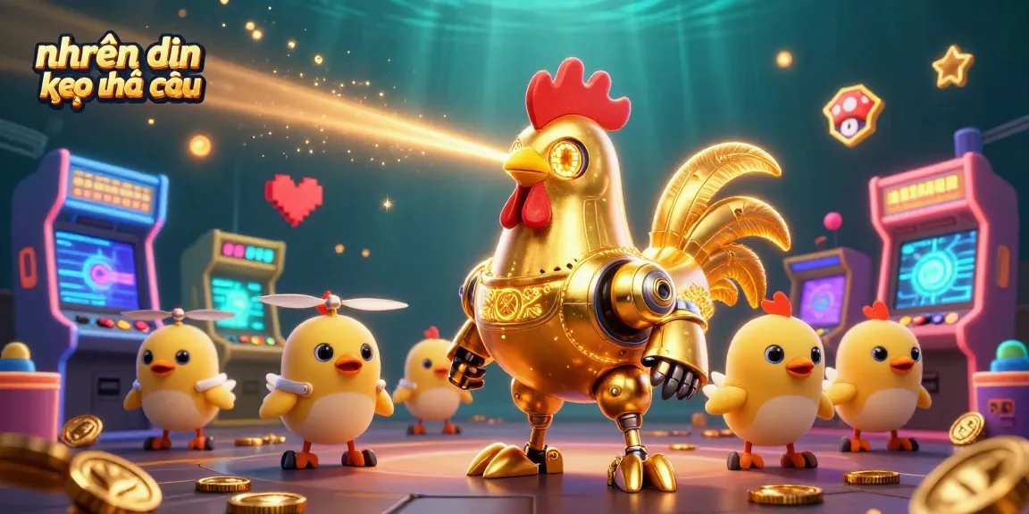 Engage in nhận định kèo nhà cái with a dynamic 3D scene showcasing a golden rooster robot and baby chick drones.
