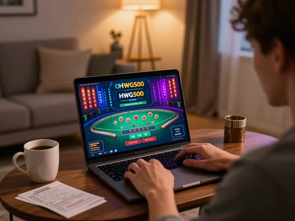 Pemain terlibat dengan permainan blackjack langsung HWG500 di laptop dalam suasana rumah yang nyaman.