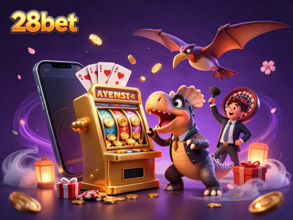 28bet casino scene with a dinosaur hitting a slot machine for jackpot coins and a manager collecting coins.