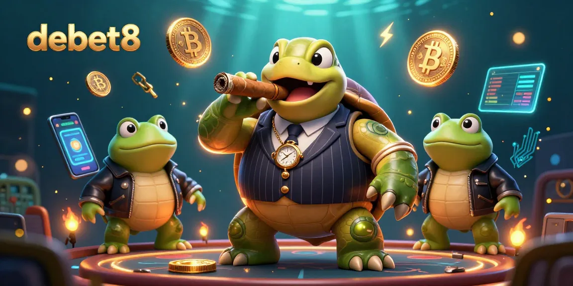 Engage in thrilling gaming with debet8 featuring a vintage mobster turtle and bullfrog enforcers amidst vibrant casino elements.