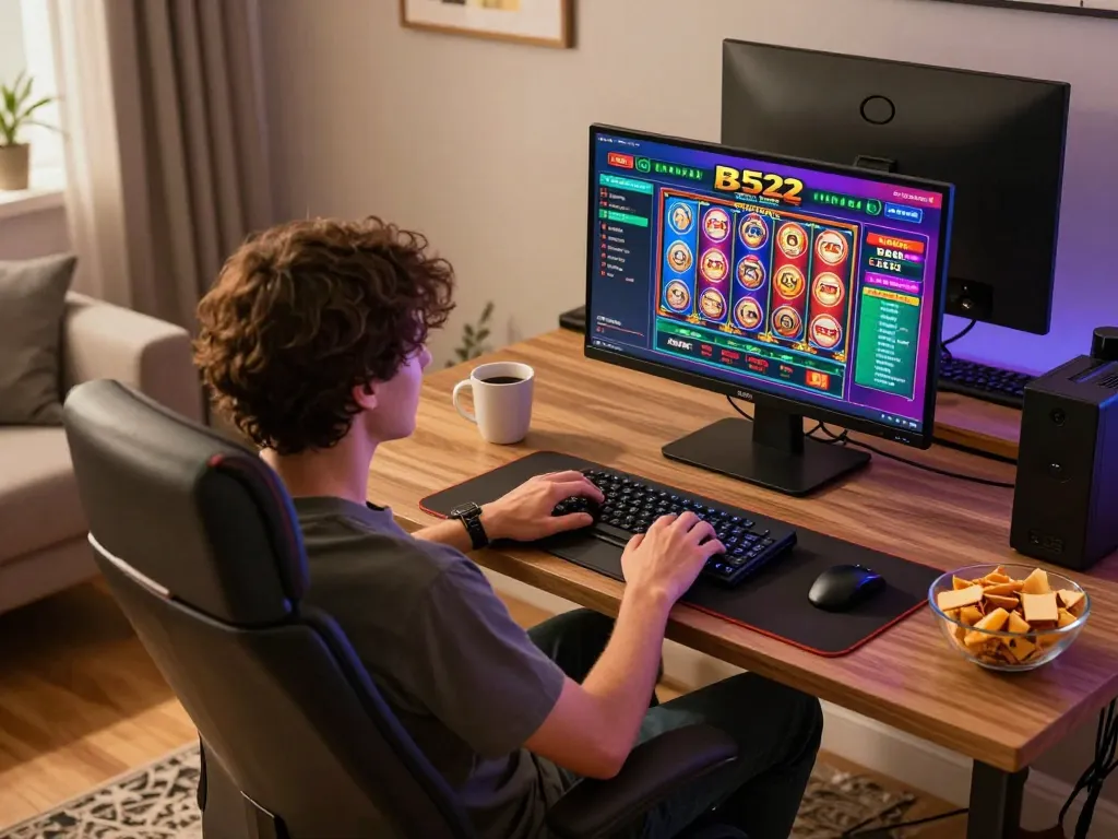 B52 online casino gaming experience with a person engaging dynamically on laptop.