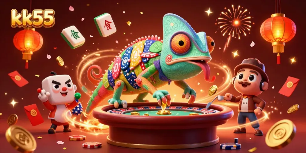 Experience thrilling moments at kk55 casino with animated chameleon owner and festive decor.