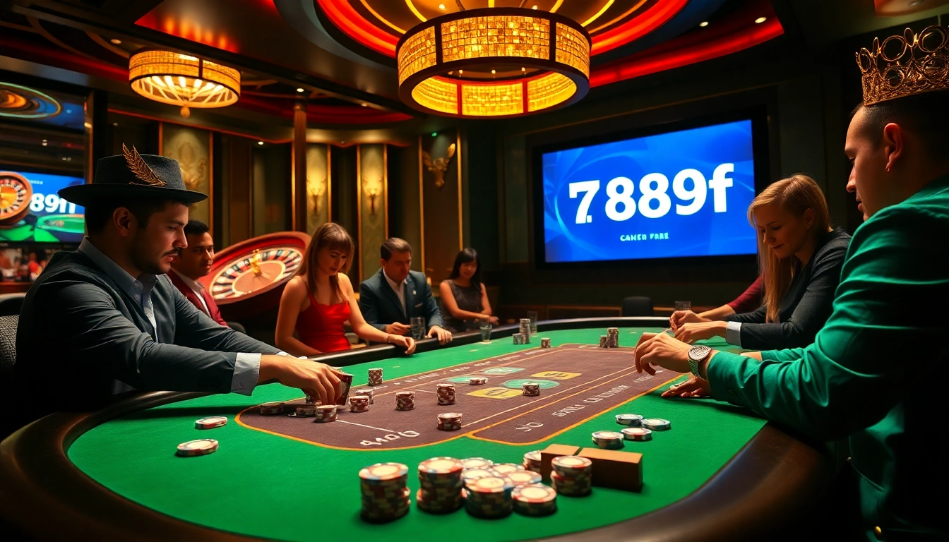 Players engaging at a stylish poker table showcasing 789f logo in an exciting casino environment.
