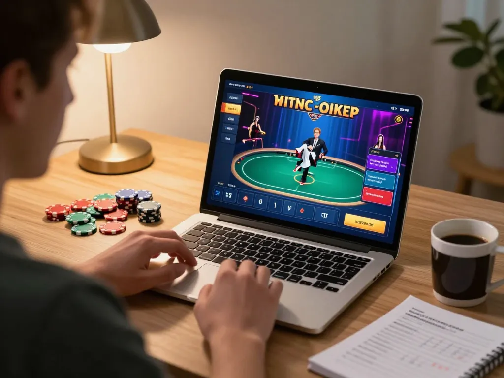 iwin online poker gaming setup with vibrant interface and strategic notes at home