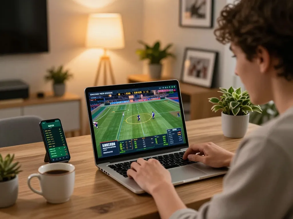 Using online sports betting odds, tỷ lệ bóng đá nhà cái displayed on laptop during exciting game analysis.