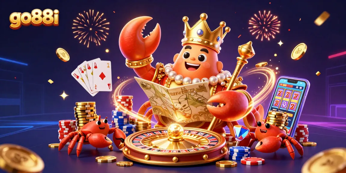 Experience the excitement of go88i with a golden crab emperor and a vibrant casino scene.