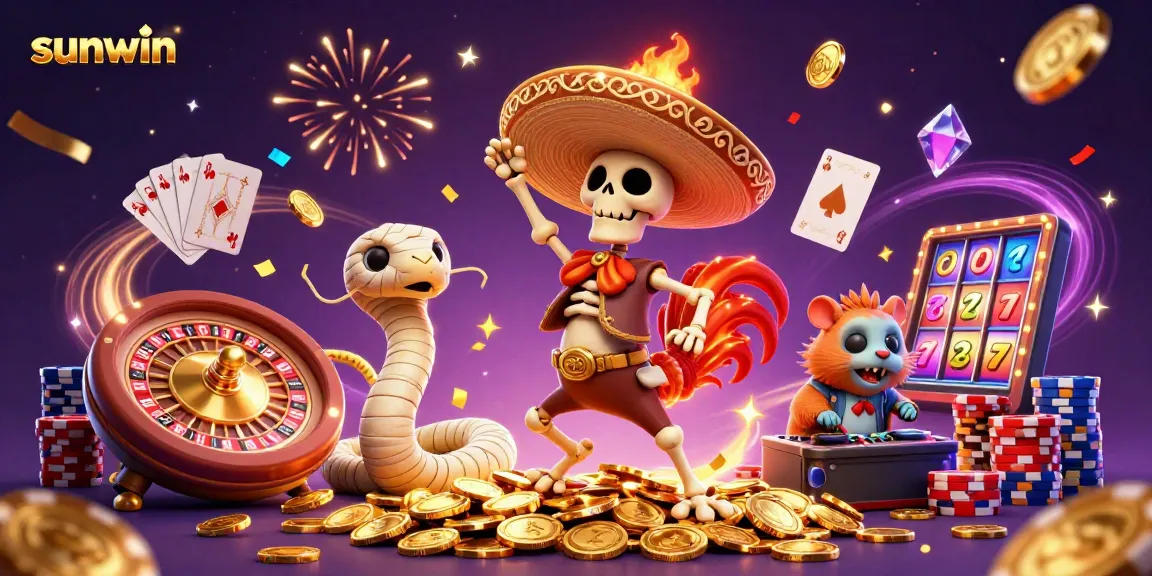 Join the fun at sunwin with a dynamic 3D illustration celebrating casino gaming and winnings.