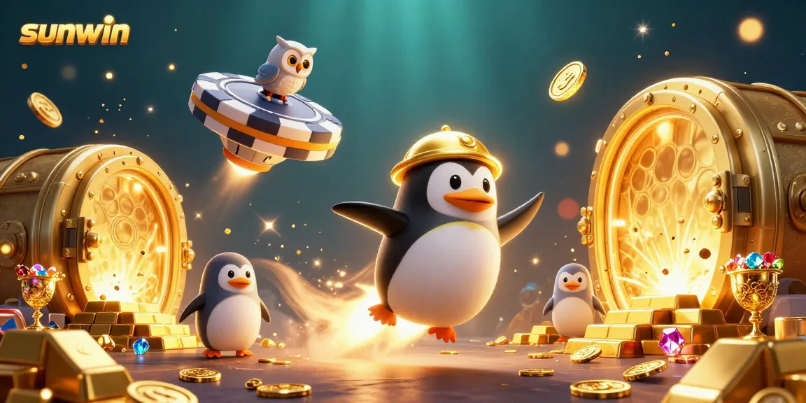 Experience thrilling gaming with sunwin as our golden penguin rockets towards a vibrant casino.